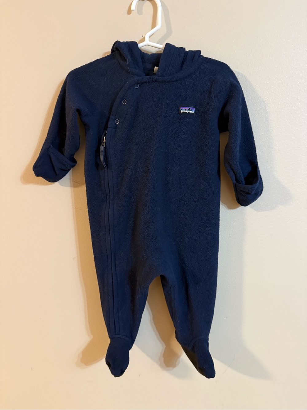 Patagonia Navy Fleece Hooded One-Piece 3-6 months